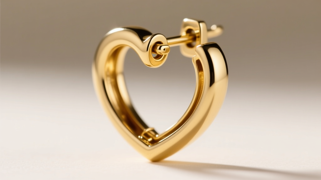 Macro shot of a gold heart hoop earring latch-back clasp mechanism, showing the interlocking groove and hinge pin in sharp focus.