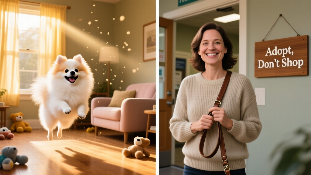 A split-screen illustration: left side shows a Pomeranian happily playing in a sunlit living room; right side shows a friendly adopter gently holding a leash and smiling