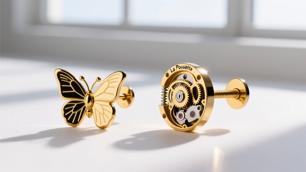 Comparison of a standard butterfly earring back next to a mechanical La Pousette locking clutch mounted on an 18-gauge gold post.