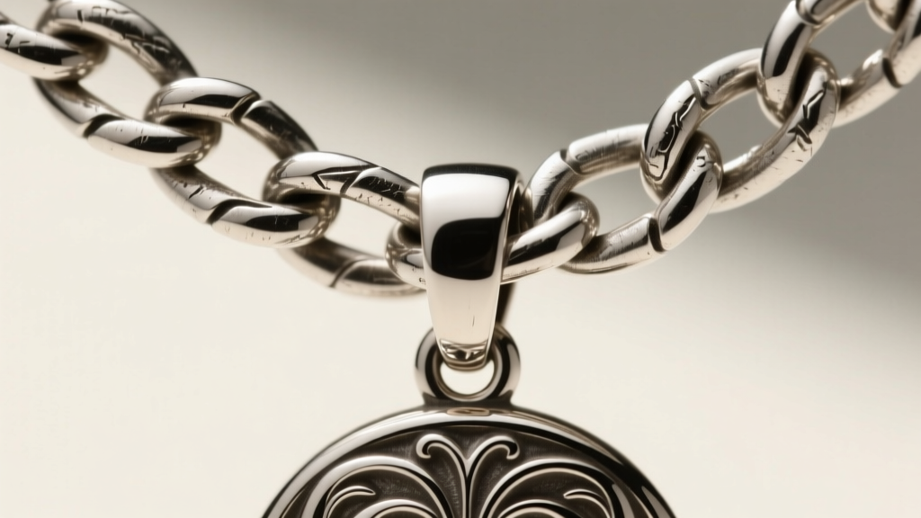 Macro shot of a thick work-hardened sterling silver figaro chain link supporting a heavy pendant without stretching or warping.