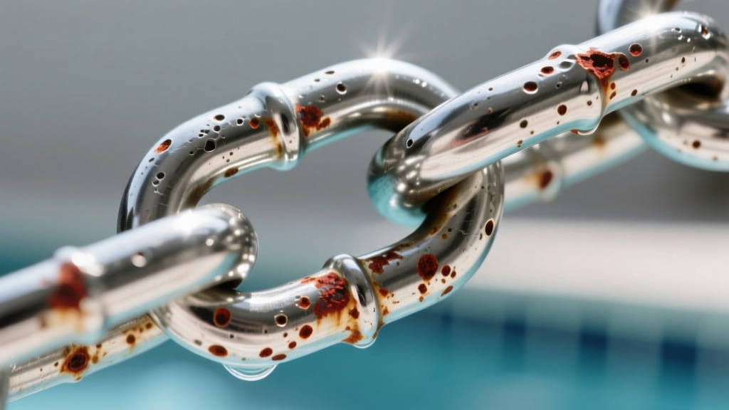 Extreme close-up of a stainless steel chain link showing microscopic pitting and rust spots caused by chlorine exposure in pool water.