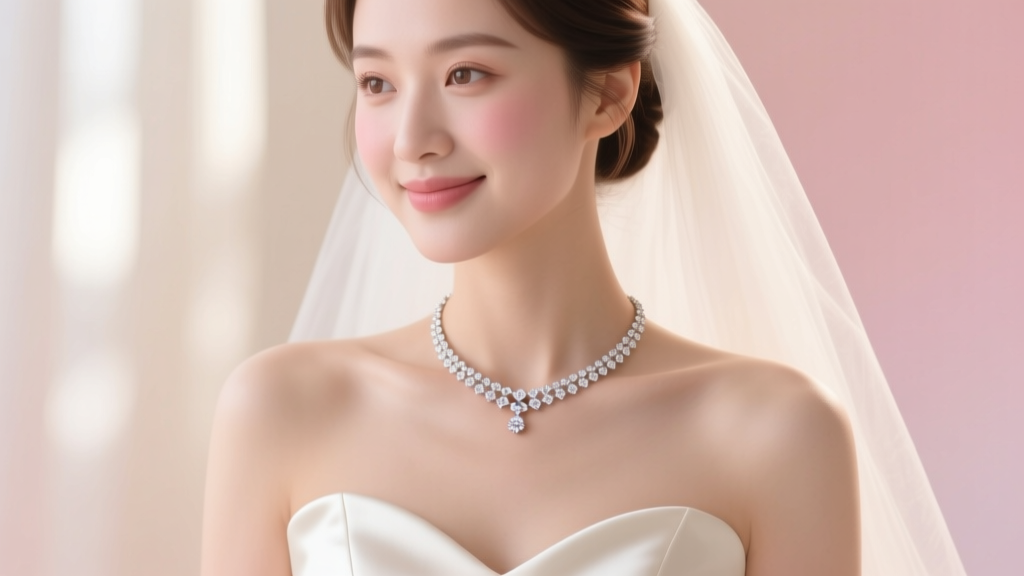 Close-up of a bride wearing a delicate diamond wedding choker necklace over a sweetheart neckline gown in soft, romantic lighting.