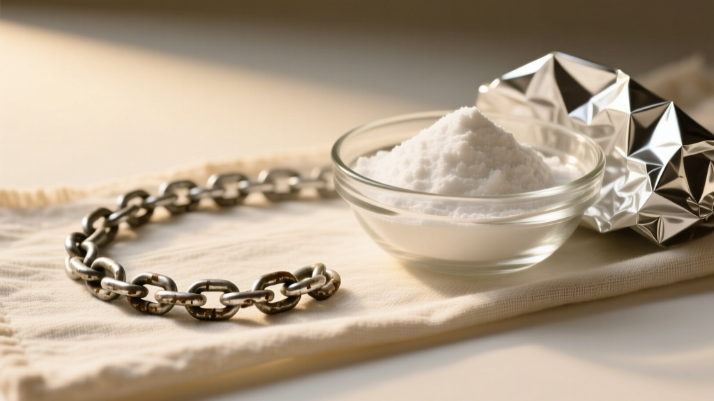 Tarnished sterling silver chain on a cloth beside a glass bowl of baking soda and aluminum foil under soft, warm studio lighting.