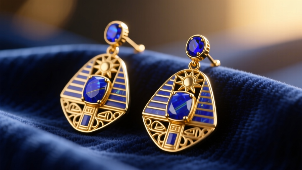Macro shot of ancient Egyptian style earrings with inlaid lapis lazuli and gold, resting on dark blue velvet fabric in warm light