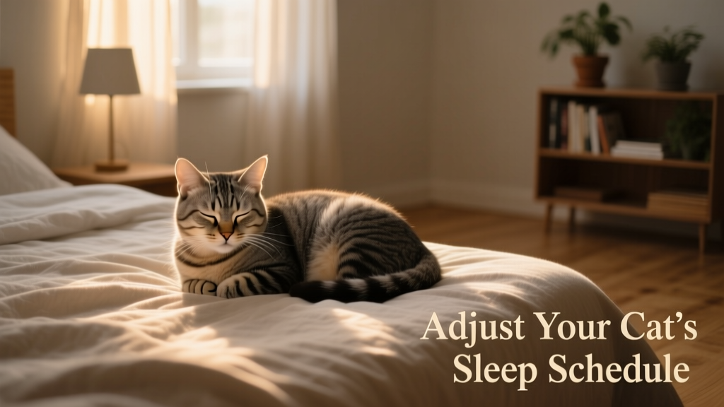 A relaxed cat curled up asleep on a soft bed in a dimly lit room