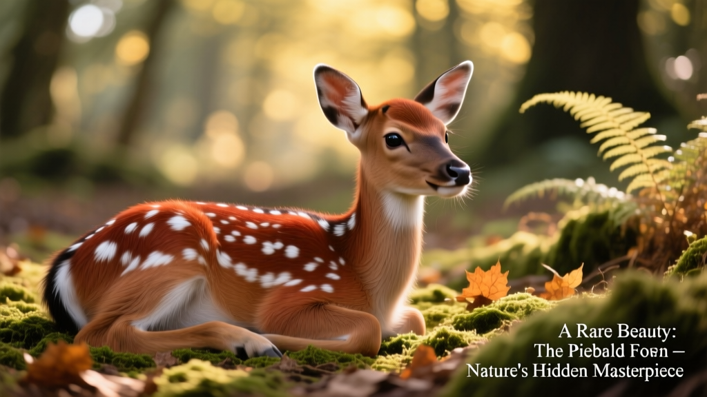 Close-up of a piebald fawn resting calmly in dappled forest light, showing clear white patches on its reddish-brown coat