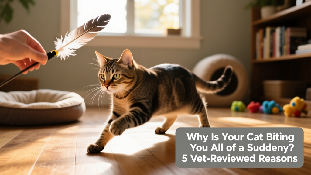 Cat mid-pounce, focused on a feather wand toy held at arm’s length—not on a hand