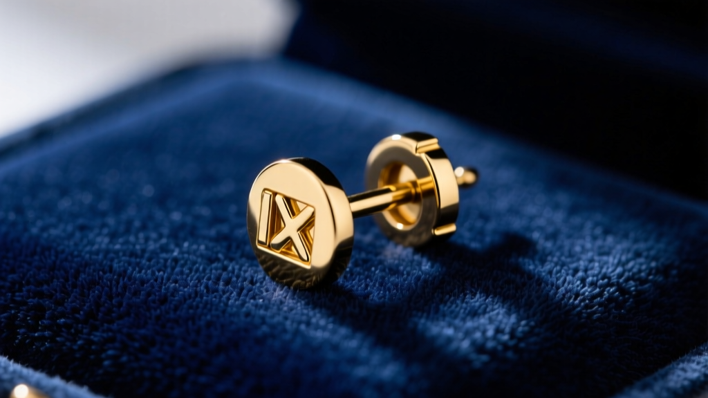 Macro shot of an 18k gold stud secured by a sliding lox earring back on dark navy velvet under soft directional lighting.