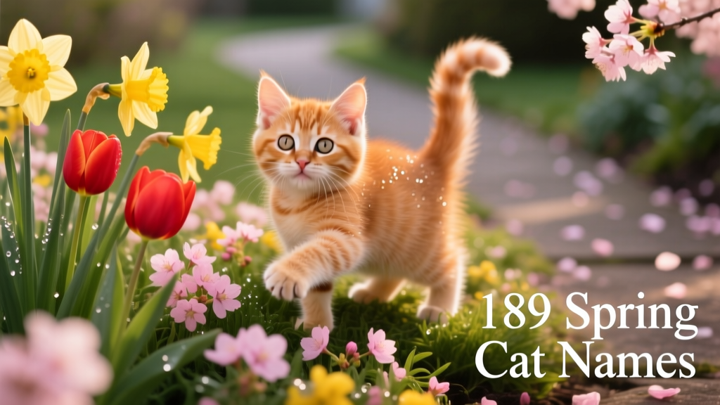 A playful kitten sitting among blooming spring flowers—daffodils, tulips, and cherry blossoms