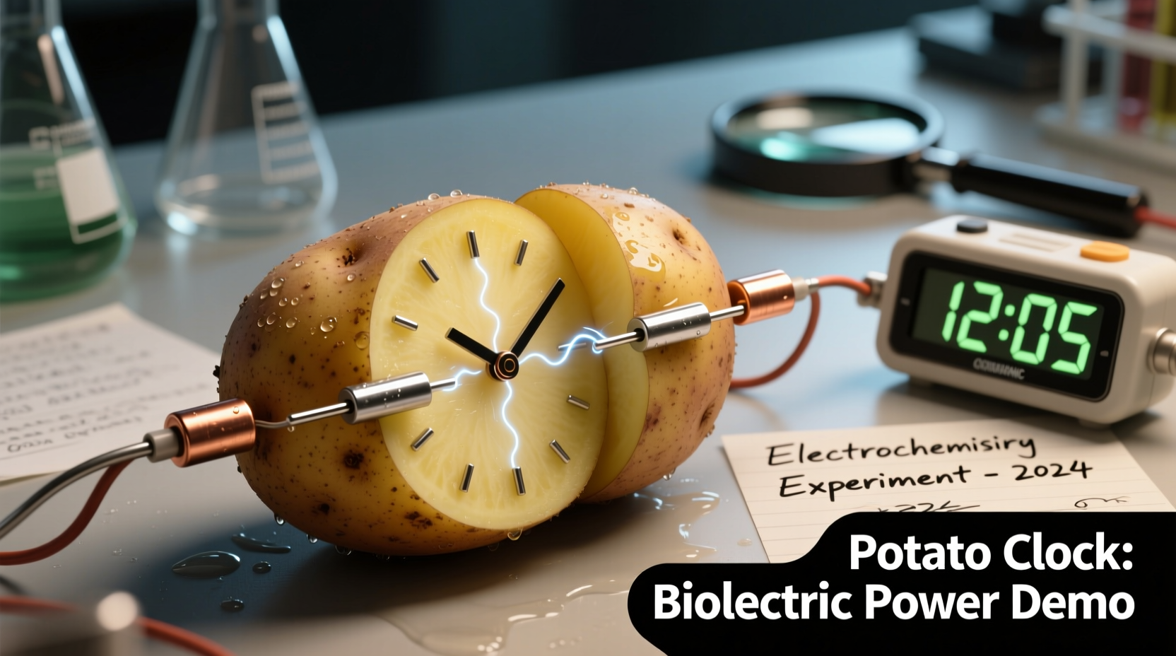 Potato clock experiment with wires and electrodes
