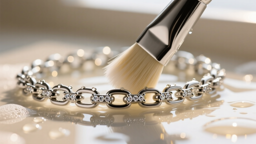 Soft brush cleaning a platinum chain link with soapy water, highlighting intricate metalwork and diamond prongs.