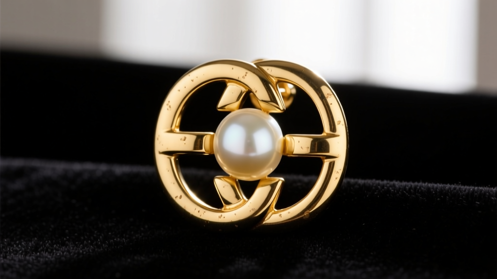 Close-up of a vintage 1980s gold-plated Givenchy earring with a large faux pearl and interlocking G motif on black velvet