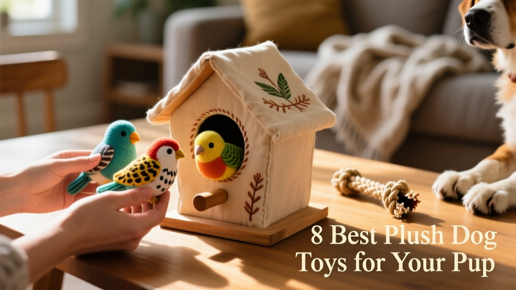 A close-up of hands placing three colorful plush birds back into a soft fabric birdhouse