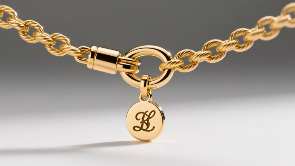 Macro shot of a 1.2mm gold-filled cable chain and secure lobster clasp attached to a tiny initial pendant, showing detailed links.