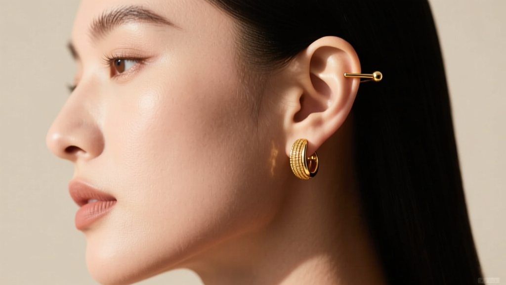 Side profile of a model wearing a 20-gauge gold-filled ear climber, showing the precise fit along the outer ear cartilage edge.