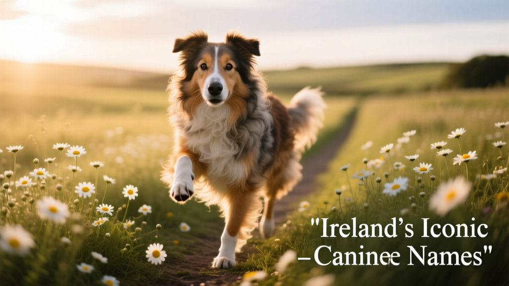 Irish Shepherd standing playfully in a sunlit field of daisies