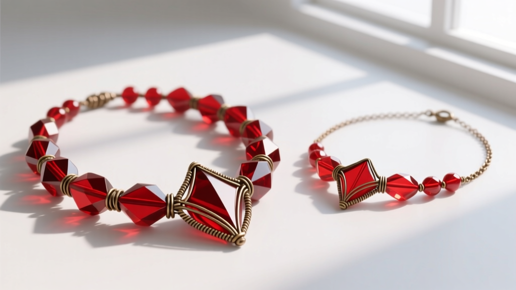 Side-by-side view of Art Deco red glass necklace and modern reproduction highlighting bead faceting and stringing wire differences.