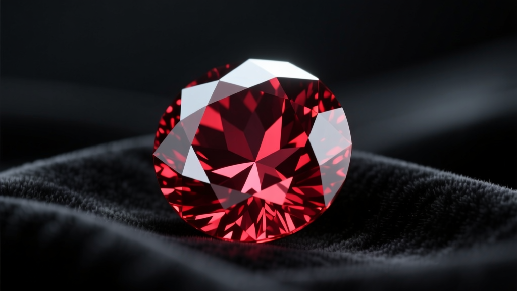 Macro view of a lab-created ruby on dark velvet, showing deep red color and crisp facets through a loupe in soft lighting.