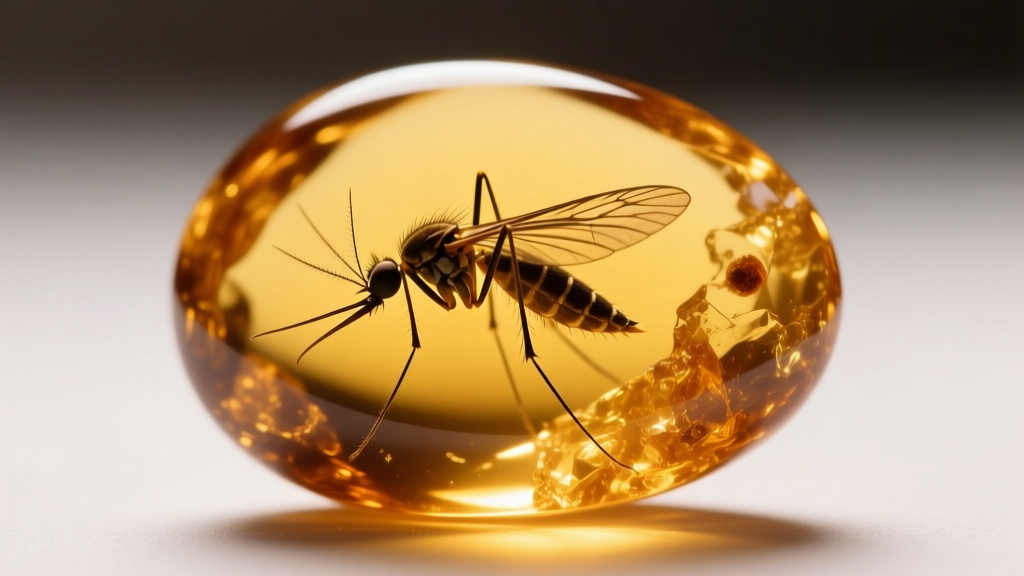 Macro shot of a golden Dominican amber cabochon containing a preserved prehistoric mosquito inclusion, illuminated from behind.