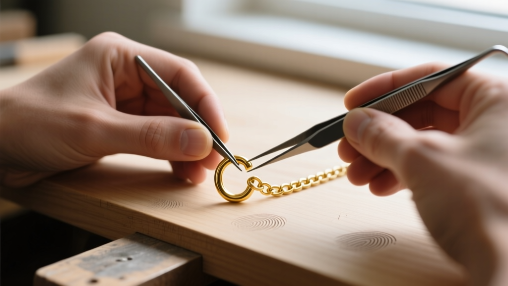 Hands using tweezers to attach an 18-gauge gold-filled locking jump ring to repair a broken permanent chain on a wooden workbench