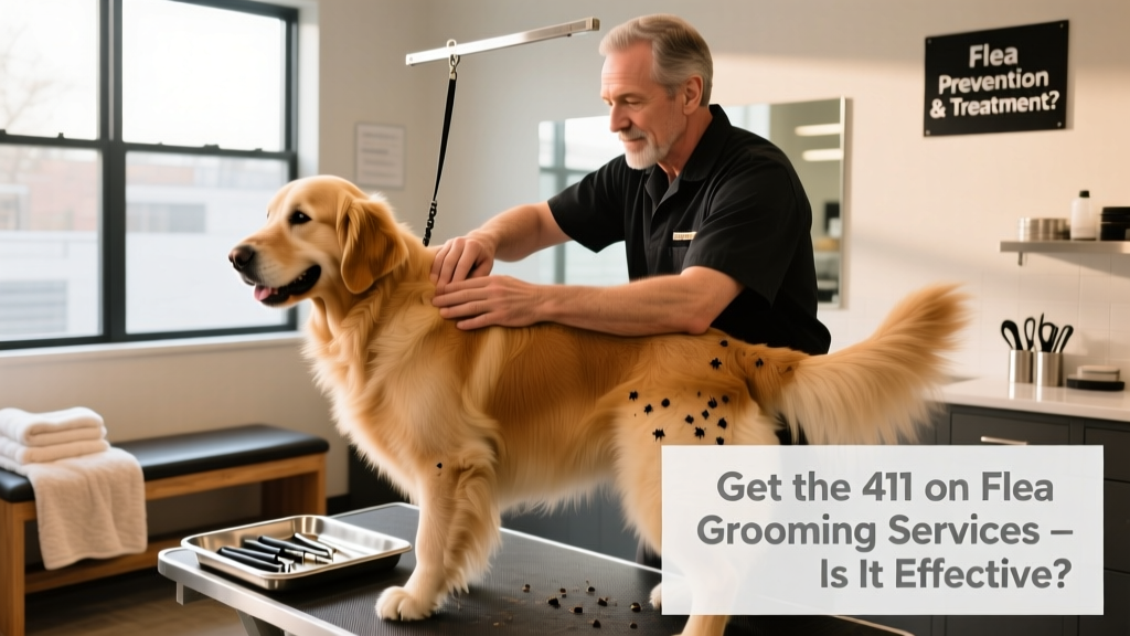 Professional pet groomer carefully inspecting a dog’s coat during a grooming session