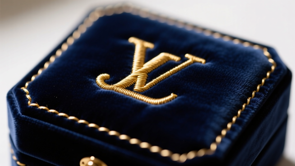 Close-up of gold thread monogram on navy velvet jewelry box lid, showing textured metallic embroidery under soft vanity lighting.