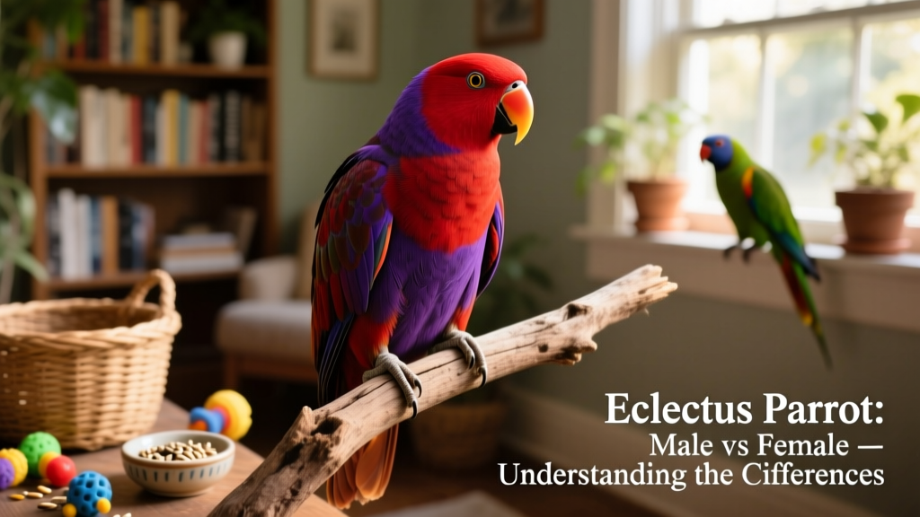 Female Eclectus parrot on a perch, displaying confident posture and direct gaze
