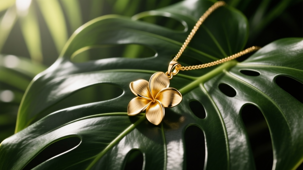 Macro shot of 14k gold plumeria flower pendant on dark green monstera leaf, soft sunlight highlighting the brushed metal texture.
