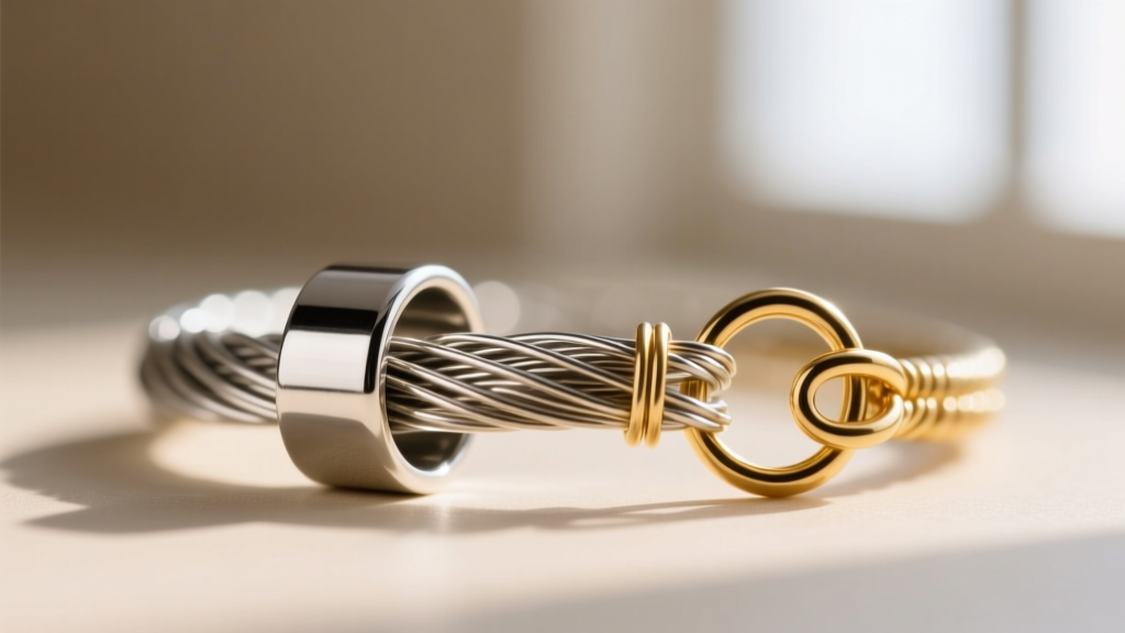 Macro shot of 49-strand beading wire threaded through a silver crimp tube and gold French wire clasp guard on a jeweler