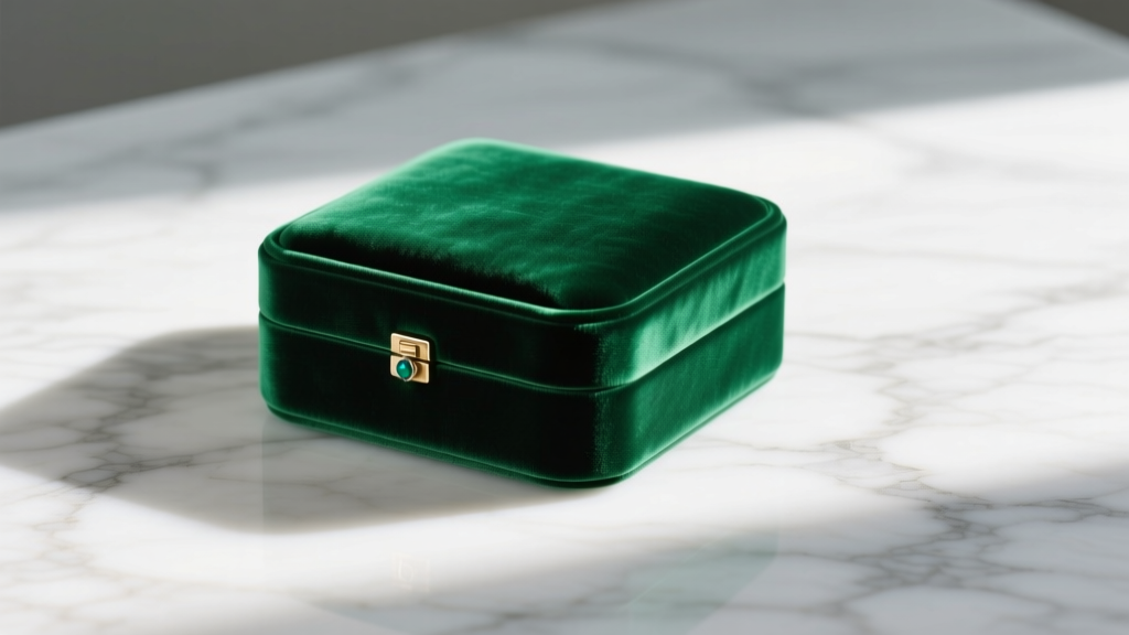 Plush emerald green velvet fabric covered jewelry box on white marble, soft morning light, photorealistic texture