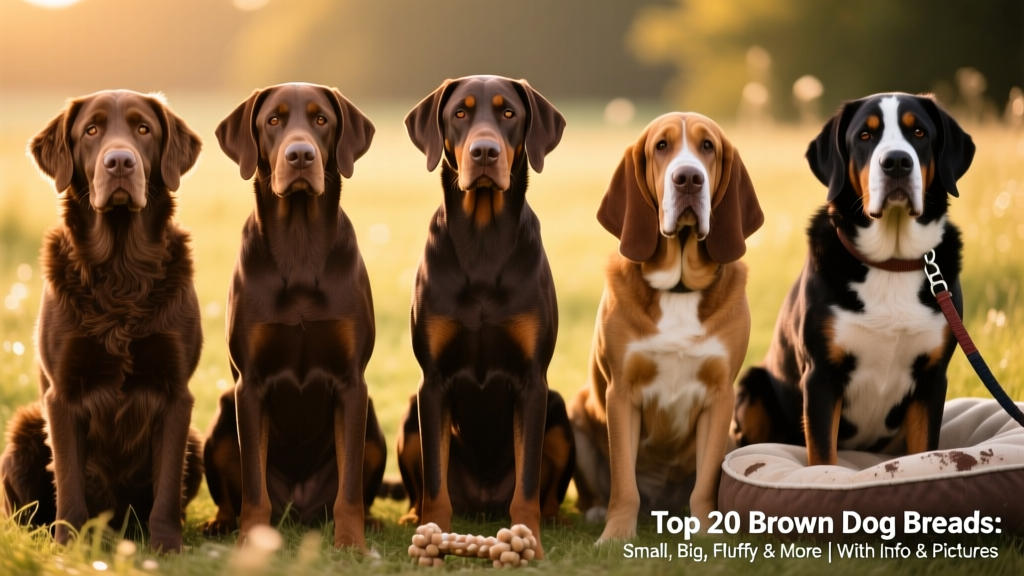 Side-by-side portraits of five large brown dog breeds: Chesapeake Bay Retriever, Chocolate Labrador, Doberman, Bloodhound, and Greater Swiss Mountain Dog