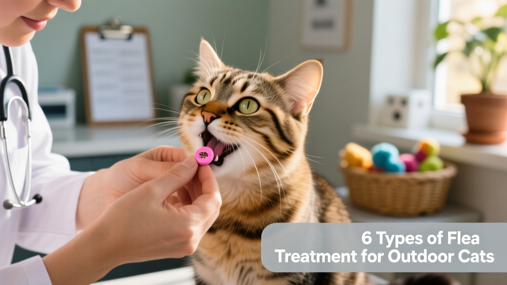 Close-up of a veterinarian placing a small pink chewable tablet into a cat's mouth
