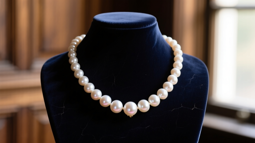 Antique natural pearls necklace with creamy white Gulf pearls and subtle rose overtones, displayed on a dark velvet jewelry bust