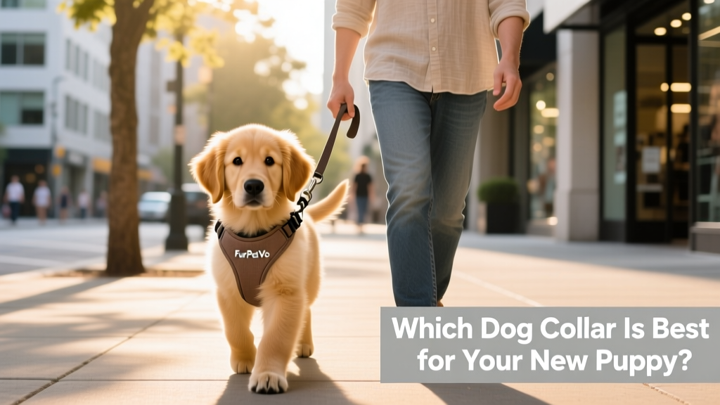 Puppy wearing a FurPetVo no-pull harness with front leash attachment, walking calmly beside owner on a sunny sidewalk