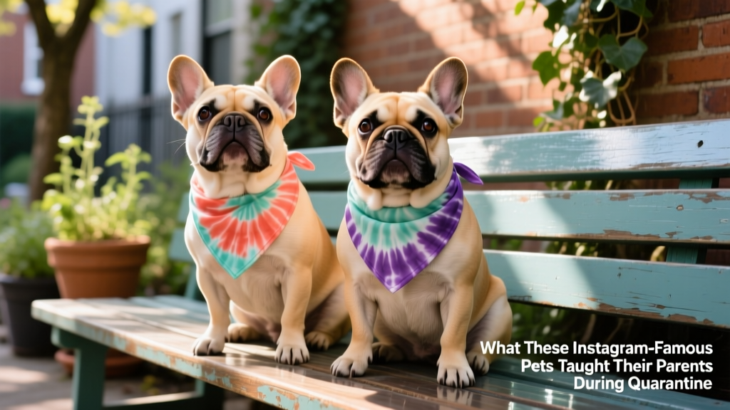 Two French bulldogs wearing matching tie-dye bandanas, sitting side-by-side on a freshly painted wooden bench
