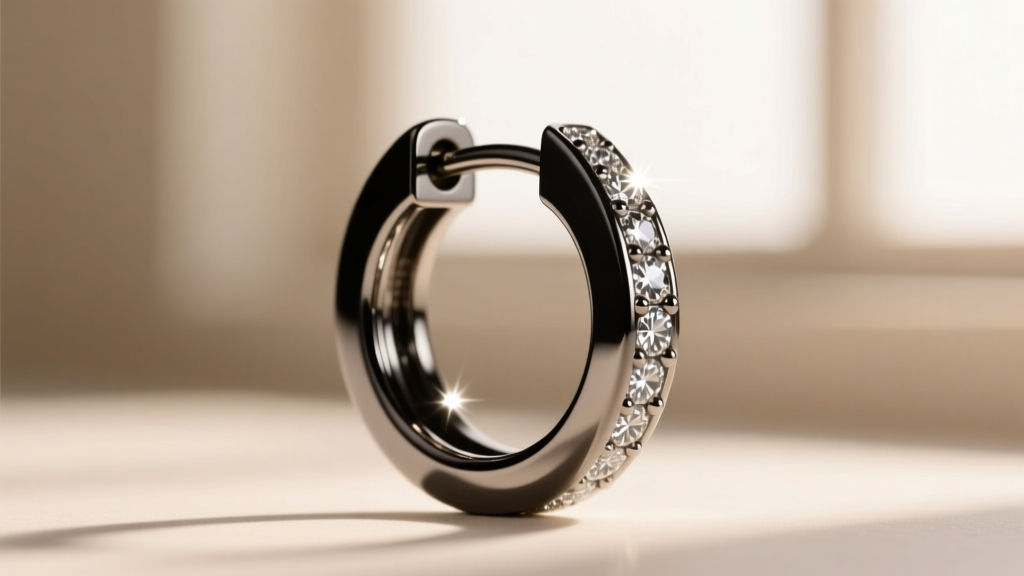 Macro shot of a 16-gauge black titanium hoop earring clicker hinge showing diamond accents and polished metal edges in soft light.