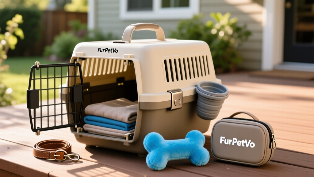 A neatly packed dog travel kit with FurPetVo branded items including a crate, toy, and poop bag dispenser