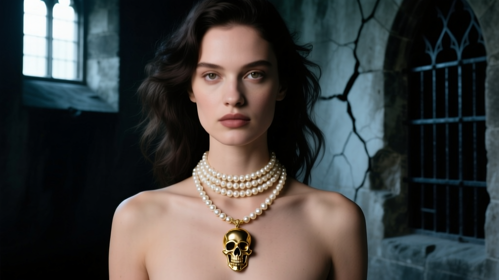 Model wearing a layered 14-inch pearl choker and 18-inch gold skull pendant necklace against a moody, dimly lit gothic backdrop.