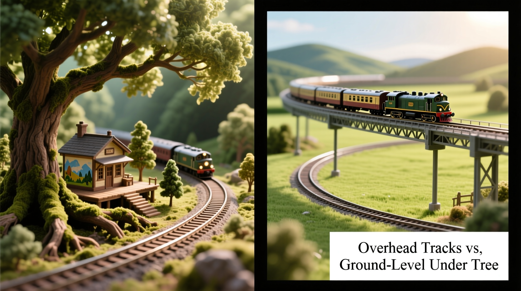 miniature train sets under tree vs overhead tracks which layout works better