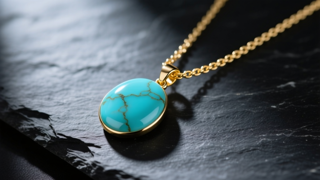 Flat-lay of a stabilized turquoise pendant on a 14k gold rope chain resting on dark slate with soft directional lighting