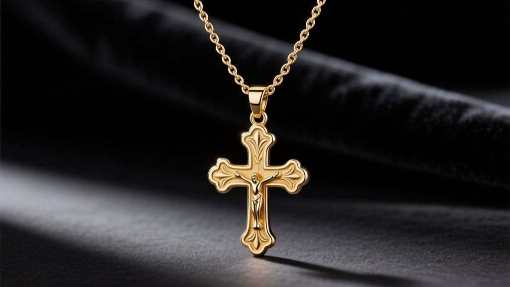 Close-up of a polished 14k gold Latin cross pendant resting on a delicate 18-inch cable chain against a dark velvet background