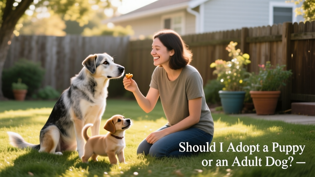 A person kneeling beside an adult dog and a puppy, gently offering treats to both while smiling—symbolizing thoughtful, loving consideration of both paths