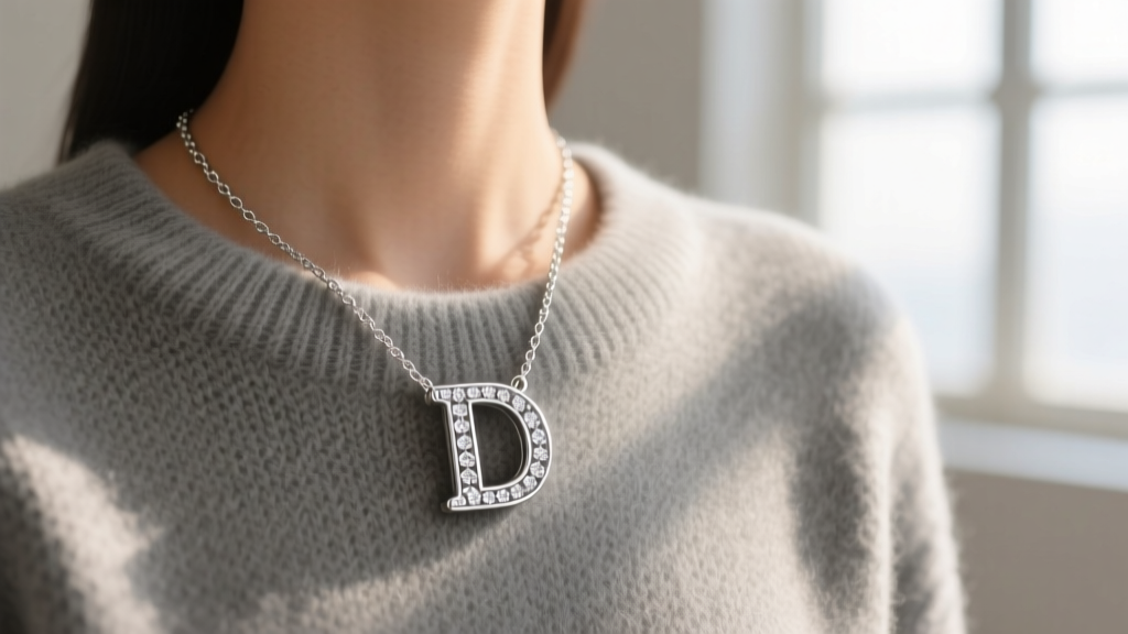 Sterling silver letter D necklace with diamond accents layered over a gray cashmere sweater, captured in soft natural daylight.