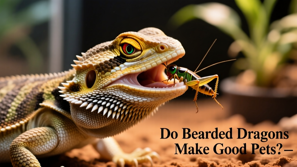 Close-up of a healthy bearded dragon eating a gut-loaded cricket, showing good muscle tone and bright eyes