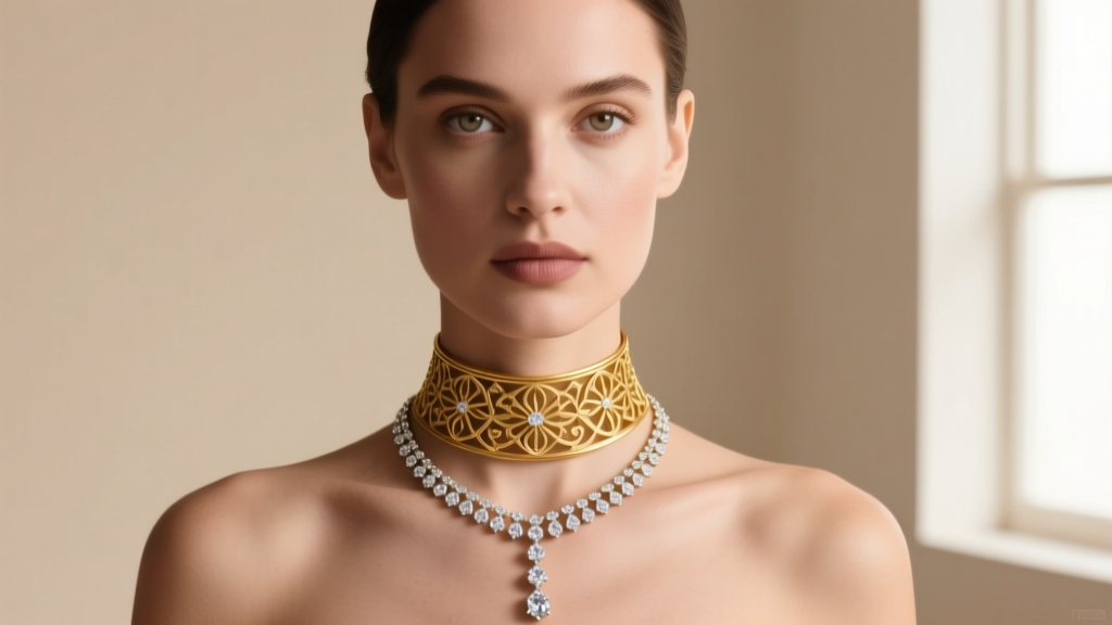 Model in a 14-inch gold choker and 30-inch diamond station necklace against a minimalist beige studio backdrop, front angle