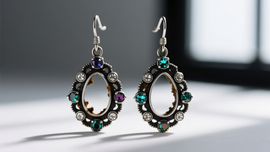 Macro photography of vintage marcasite sterling silver 1920s drop earrings showing oxidized glue and missing stones.