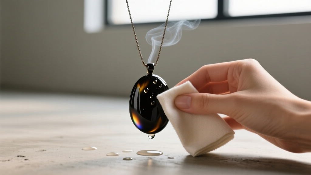 Hands gently cleaning a dark smoked resin pendant from a smok necklace using a soft microfiber cloth and mild soapy water
