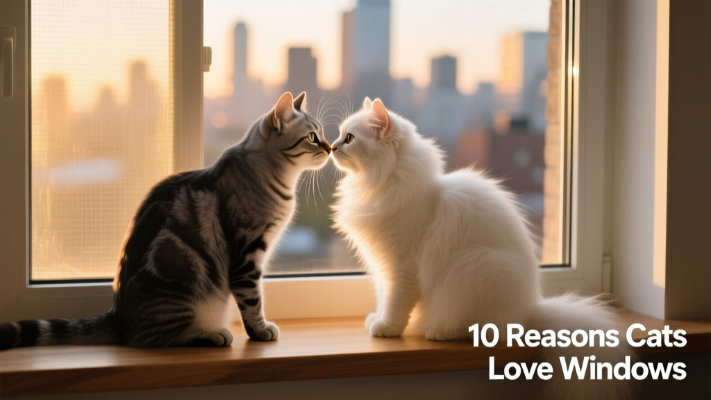 Two cats side-by-side on a wide windowsill, noses pressed to a screened window as a soft breeze lifts their ear fur