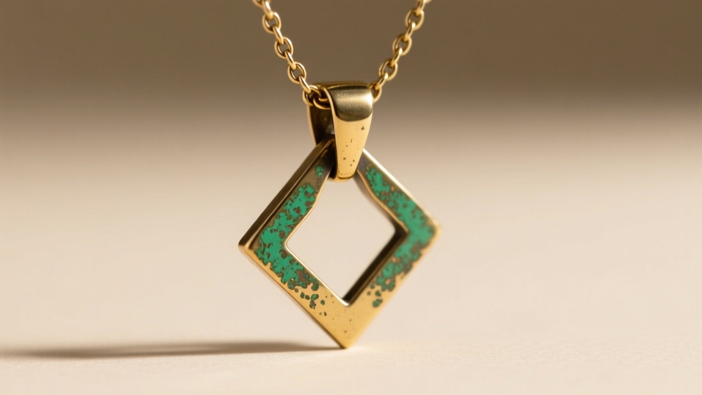 Close-up of a brass necklace clasp showing green oxidation and a weak spring mechanism on a trending pendant necklace for ladies