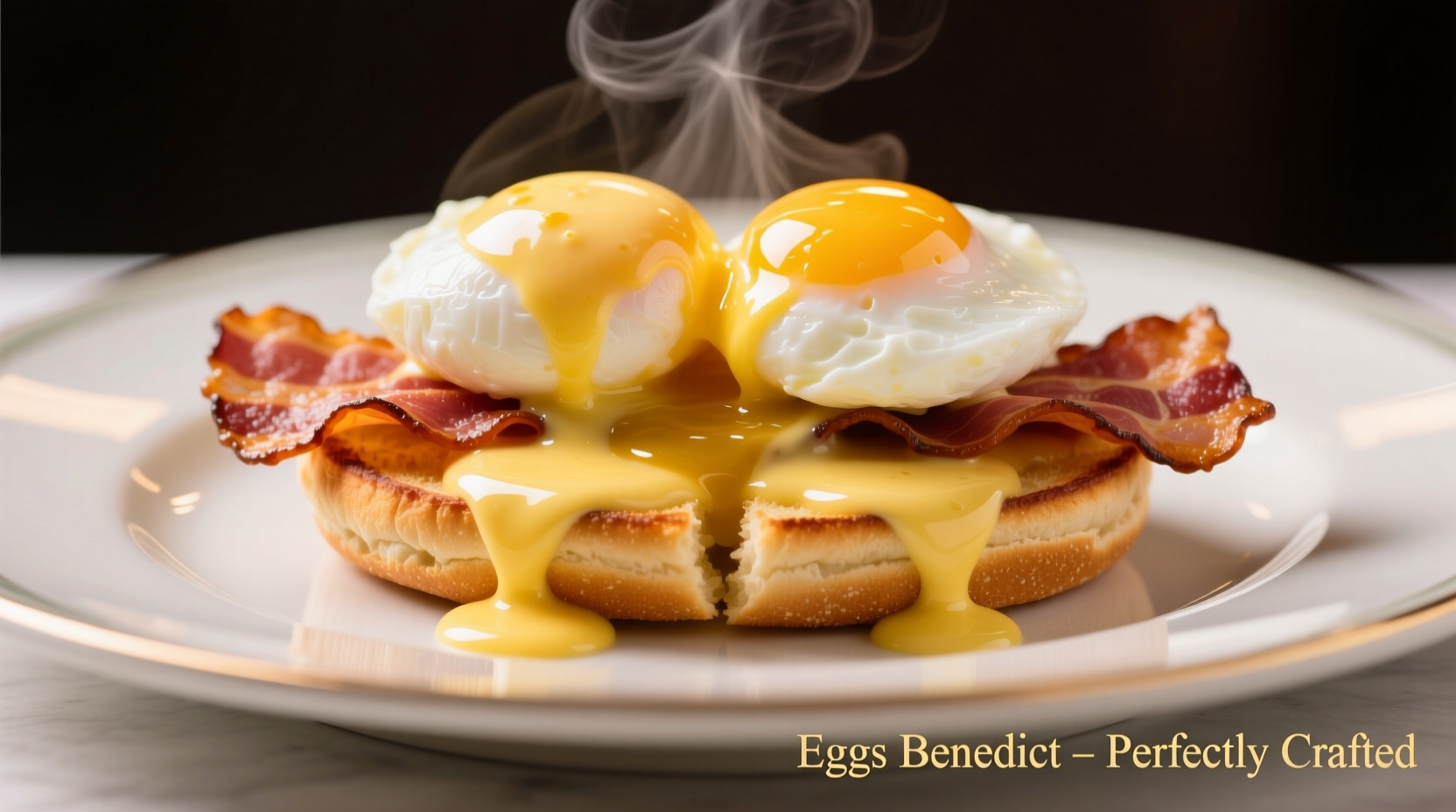 Perfectly assembled Eggs Benedict with hollandaise sauce
